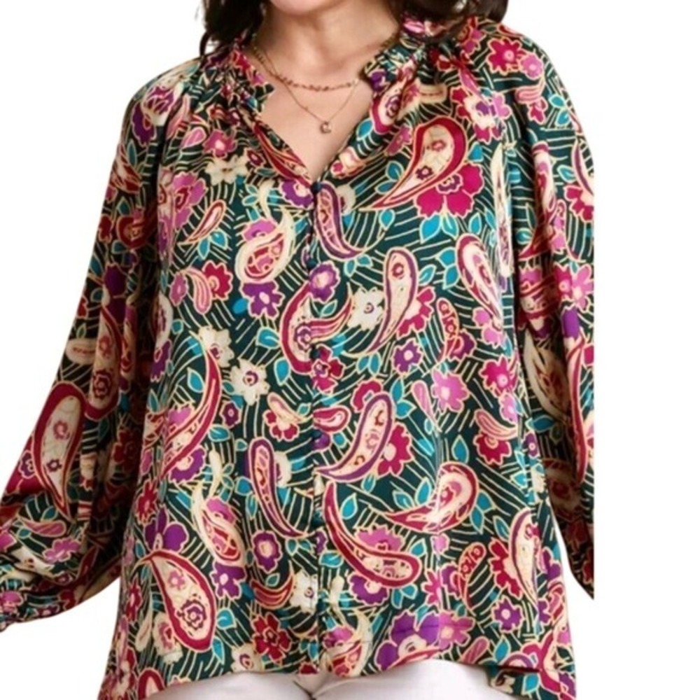 Umgee Paisley Print Blouse Women's Top Long Sleeve Multicolor‎ Bohemian Style L